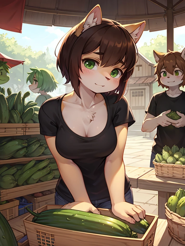 squad , T-shirt , flat chest , downblouse , Leaning forward , The greengrocer gazes admiringly at the cucumber he has picked up , looking away