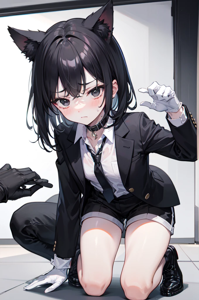 A 18-year-old boy, white and tender skin, cute, wearing white short-sleeved shirt, black jacket and black work tie, black trousers, black booties, white gloves, collar, black hair,wear cat ears, black eyes, thin waist, thin legs, handsome, disdainful and indifferent expression, shy, blush a lot, afraid, sweating, tired, pornography, Pornographic action，kneel down