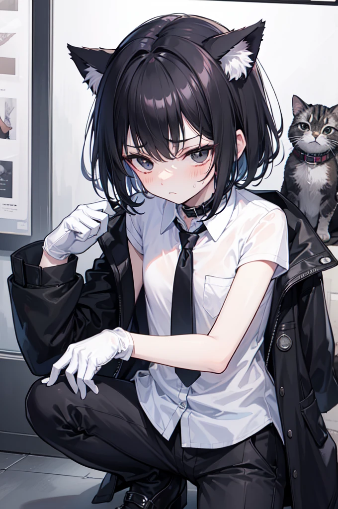 A 18-year-old boy, white and tender skin, cute, wearing white short-sleeved shirt, black jacket and black work tie, black trousers, black booties, white gloves, collar, black hair,wear cat ears, black eyes, thin waist, thin legs, handsome, disdainful and indifferent expression, shy, blush a lot, afraid, sweating, tired, pornography, Pornographic action,kneel down