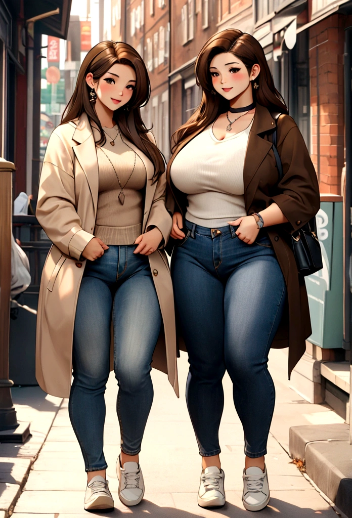 Two beautiful chibis with curves very much in love, one is British with light brown hair and the other is a beautiful Asian with long black hair. They both dress casual and modern, in jeans and sneakers. They are embraced tenderly