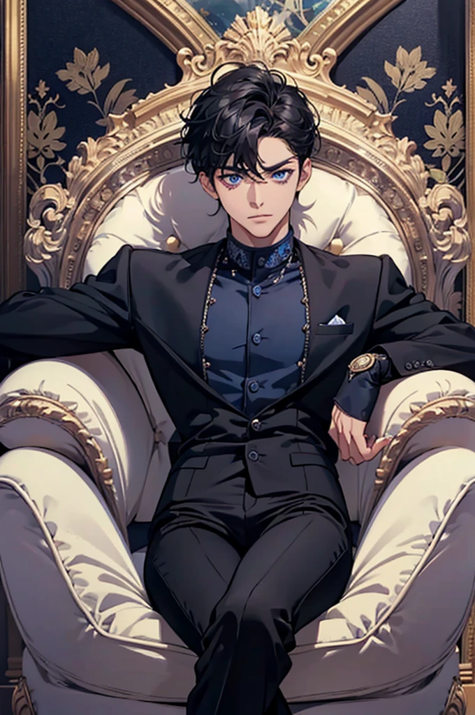 Very detailed black hair boy, detailed realistic blue eyes, face in high quality and with image quality, muscular, naked, Sitting in an armchair, touching his cock