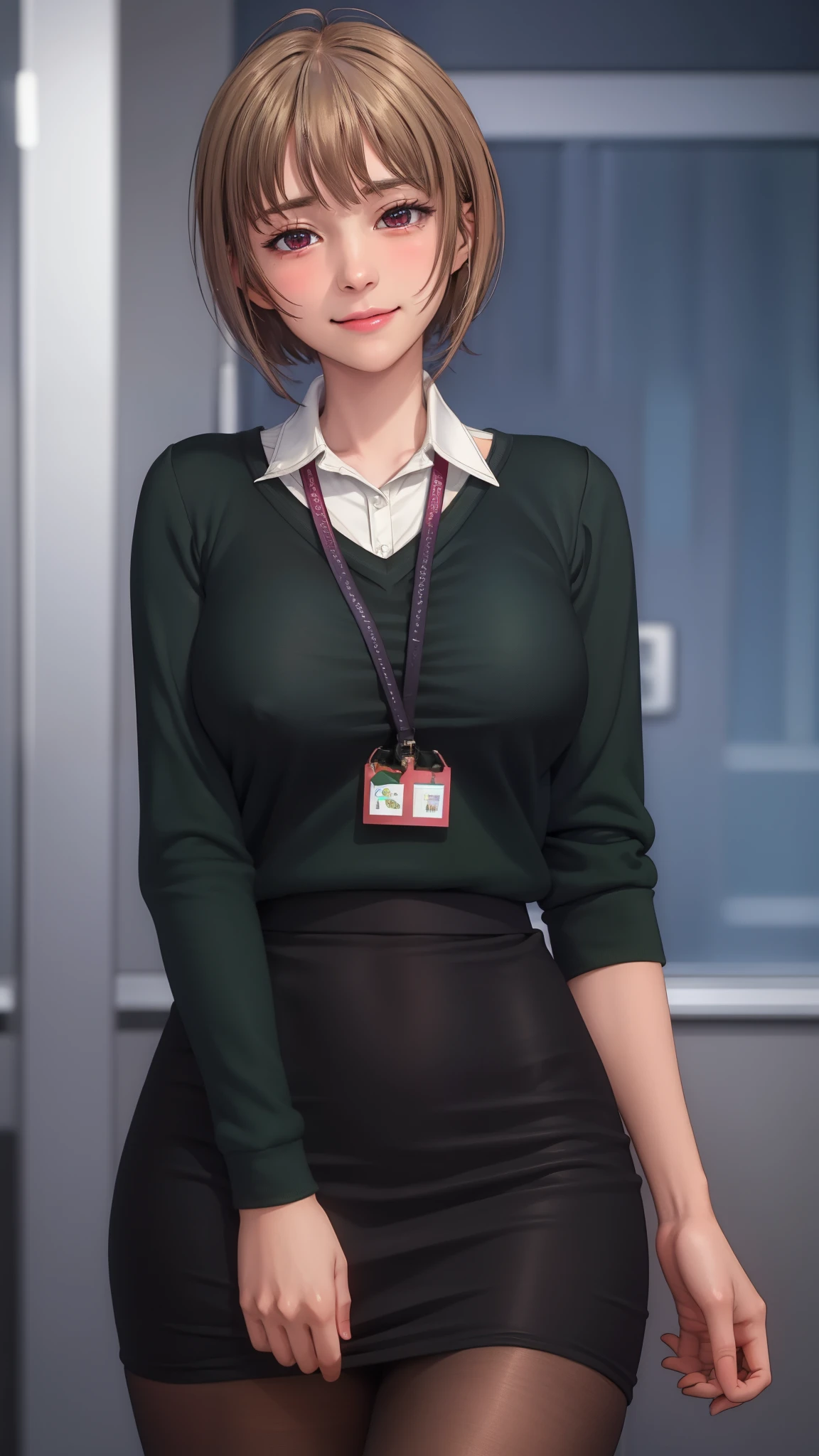 A woman in a black skirt and green shirt posing for a picture - SeaArt AI