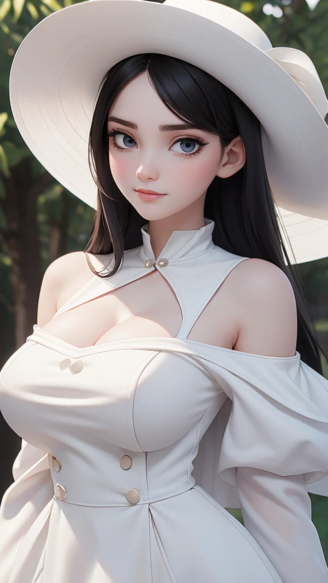 (best quality, masterpiece, perfect face) black hair, 18 years old pale girl, big bust, white sundress, H-cup, big white hat
