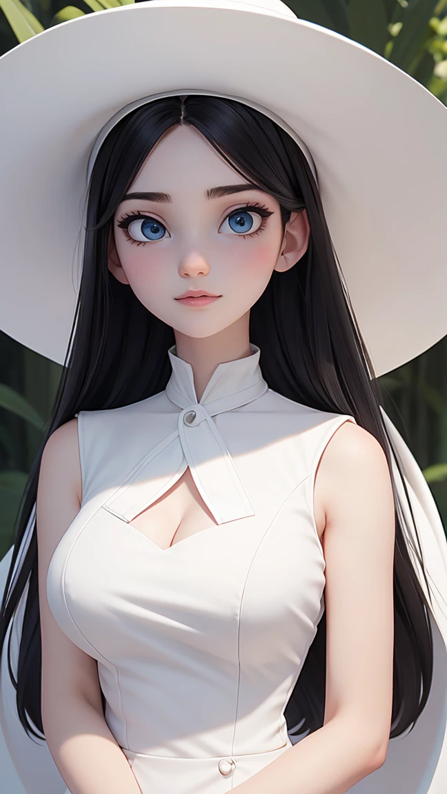 (best quality, masterpiece, perfect face) black hair, 18 years old pale girl, big bust, white sundress, H-cup, big white hat
