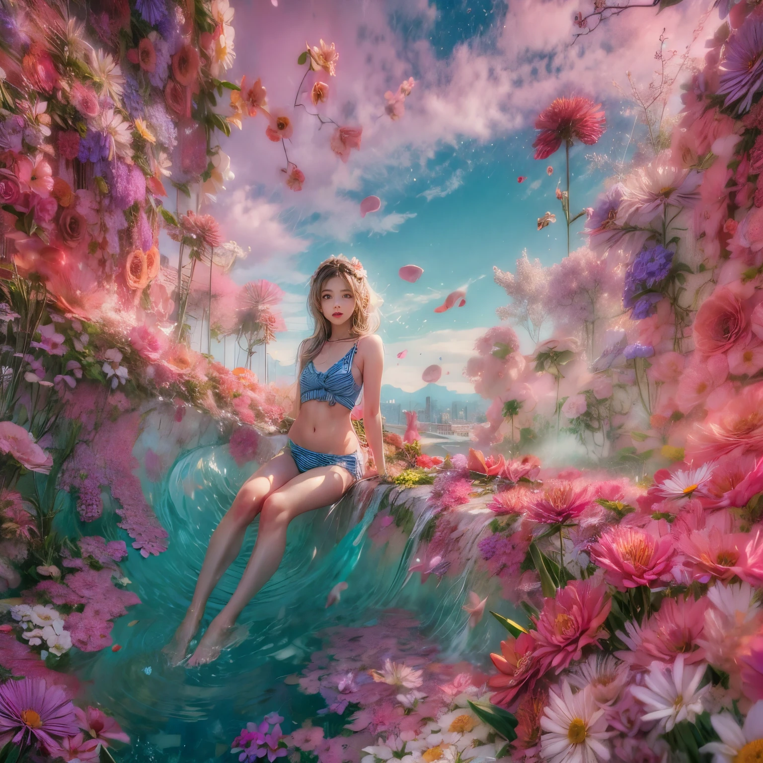 Crimson in Pearly RainbowColors,ExtremelyDetailed(ProfessionalPhoto of Girl Floating in the Sky:1.37)ZoomLayer{Stunning|Mystic|GodRays|Haze|MotionBlur}, 280th floor infinity pool,The tallest building in the urban forest, {Around bonsai|Luo Han Song|coconut palms|tulips|Rose flower}, (Masterpiece 8K TopQuality:1.2), (ExtremelyDetailed NOGIZAKA face and Eyes:1.37)ElaboratePupils with (SparklingHighlights:1.28) DoubleEyelids with Voluminous LongEyelashes RosyCheeks (Joyful Expressions LifeLike Rendering) BREAK Detailed impeccable Radiant PearlSkin with Transparency, Skinny(SchoolSwimwear) {(HiddenHand)|((Corrected BabyLikeHand))} (Whole Body Proportions and all limbs are Anatomically Accurate), (FlowerWreath WrappedBody Flowers Covering girl's body Full of Flowers){Dazzling RainbowColorHorizon|ColorfulSky|ColorfulClouds|Starly Stars}(extra limbs:-1.4)(Not Detailed Face:-1.4)