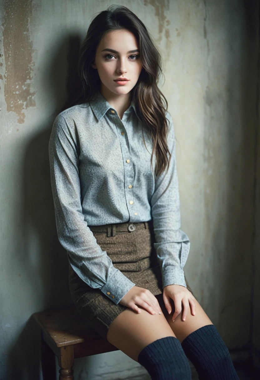 a young brunette woman, , elite, well-dressed, exhibiting a grainy texture, film grain, gritty, raw aesthetic, form-fitting shirt, stylish, knee-high socks, upscale, traditional, Alluring, captivating, enchanting, charming, 