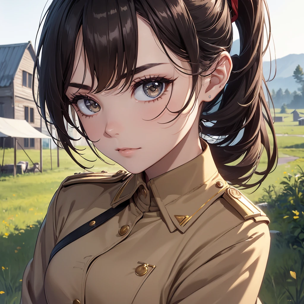 (8K, Best Quality, Masterpiece, Ultra High Resolution) 1Woman, Beautiful Eyes, Face Details, Dark Hair, Hair Ponytail, Hazel Eyes, Pale Skin, Tan Colored Military Uniform, Tan Jacket, White Fitted Shirt, Outside, Military Camp, Countryside, Best Quality, Upper Body, Looking at the Viewer, Facing Viewer, Close Up