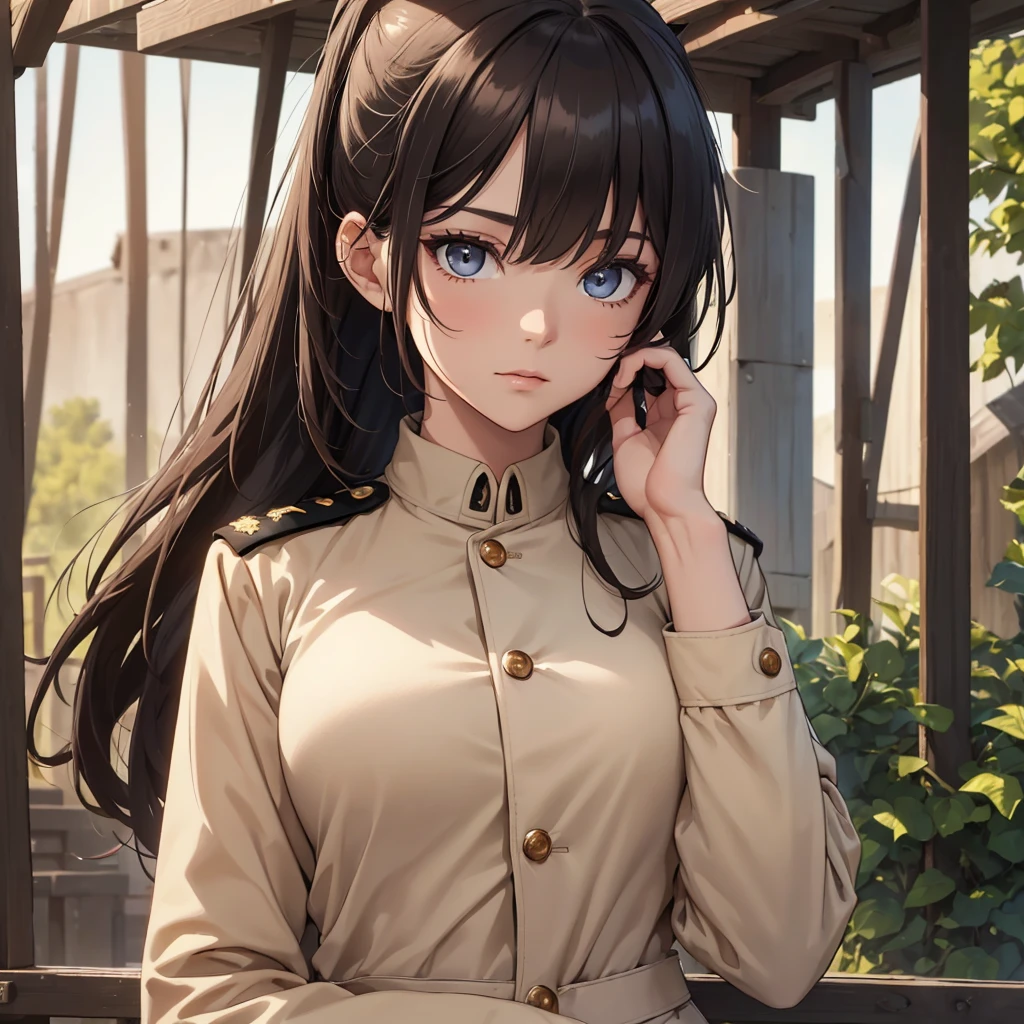 (8K, Best Quality, Masterpiece, Ultra High Resolution) 1Woman, Beautiful Eyes, Face Details, Dark Hair, Hair Ponytail, Hazel Eyes, Pale Skin, Tan Colored Military Uniform, Tan Jacket, White Fitted Shirt, Outside, Military Camp, Countryside, Best Quality, Upper Body, Looking at the Viewer, Facing Viewer, Close Up
