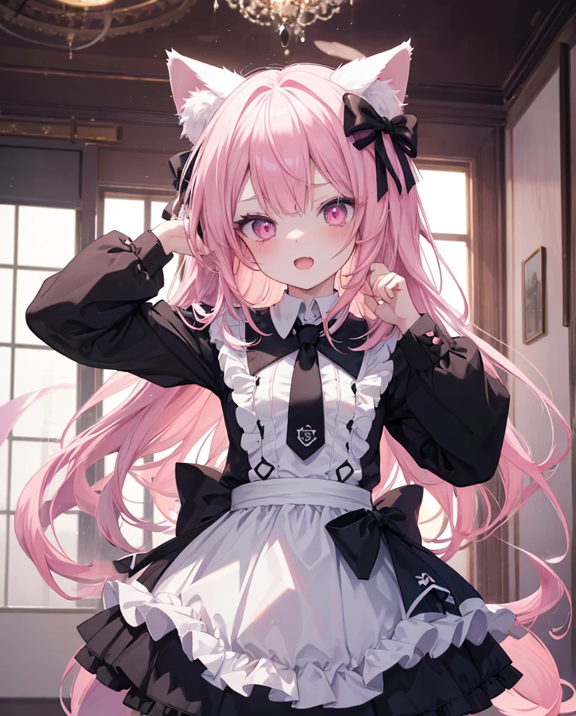 masutepiece, Highest Quality, (Perfect face:1.1), (high detailing:1.1), (ultradetailed eyes), Dramatic, superfine illustration, Extremely detailed,1girl in, teenager,(pale skin), Happy, Laugh, Enjoy,Open mouth,gloweyes,pinkhair,straight hair,Ethereal eyes, pink eye,blush, Solo,Pouty lips,Cinematic lighting, upper body,looking up, leaning forward,Long sleeve, Gothic lolita, frilld, bow ribbon,knee high socks,indoor, small neko ears,big white and pink fox tail, standing on one feet doing a cat pose (simulating cat pow), loose clothes, loose necktie, laying on the ground