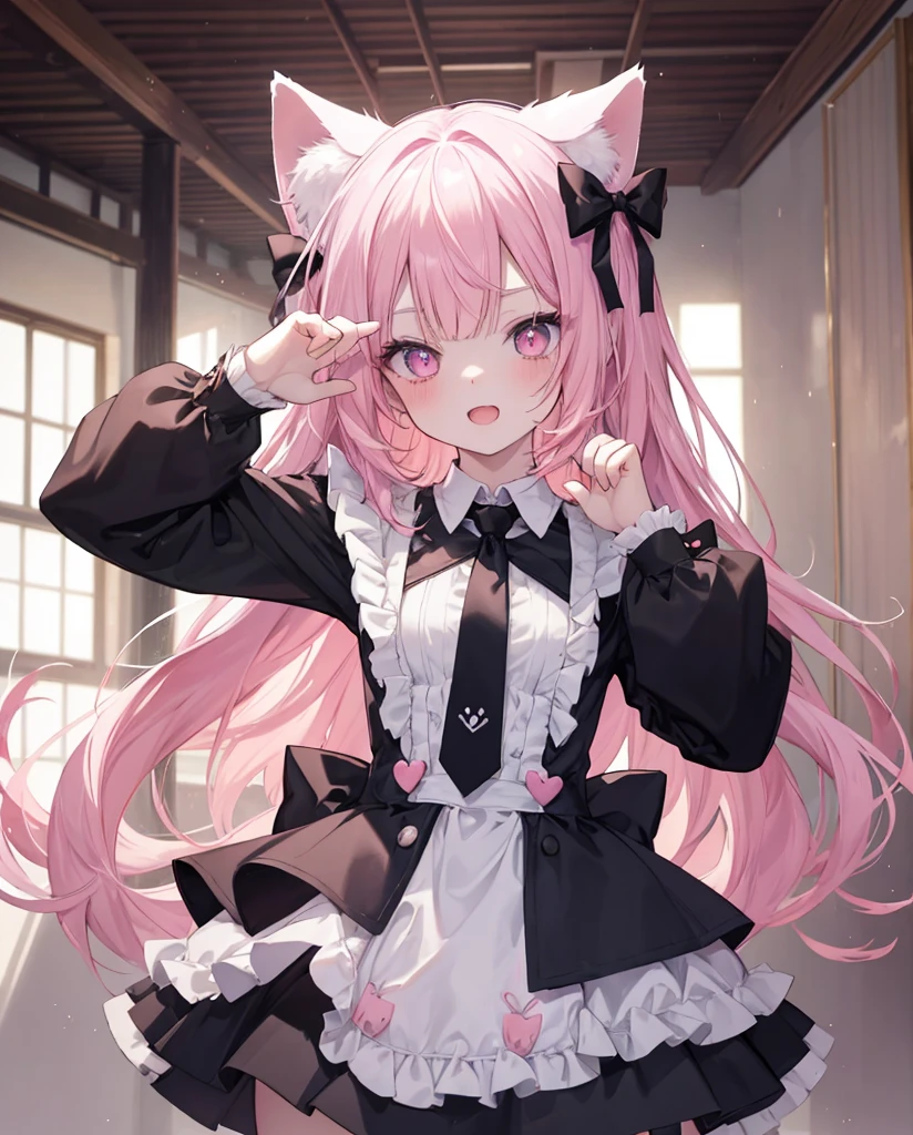masutepiece, Highest Quality, (Perfect face:1.1), (high detailing:1.1), (ultradetailed eyes), Dramatic, superfine illustration, Extremely detailed,1girl in, teenager,(pale skin), Happy, Laugh, Enjoy,Open mouth,gloweyes,pinkhair,straight hair,Ethereal eyes, pink eye,blush, Solo,Pouty lips,Cinematic lighting, upper body,looking up, leaning forward,Long sleeve, Gothic ta, frilld, bow ribbon,knee high socks,indoor, small neko ears,big white and pink fox tail, standing on one feet doing a cat pose (simulating cat pow), loose clothes, loose necktie, laying on the ground