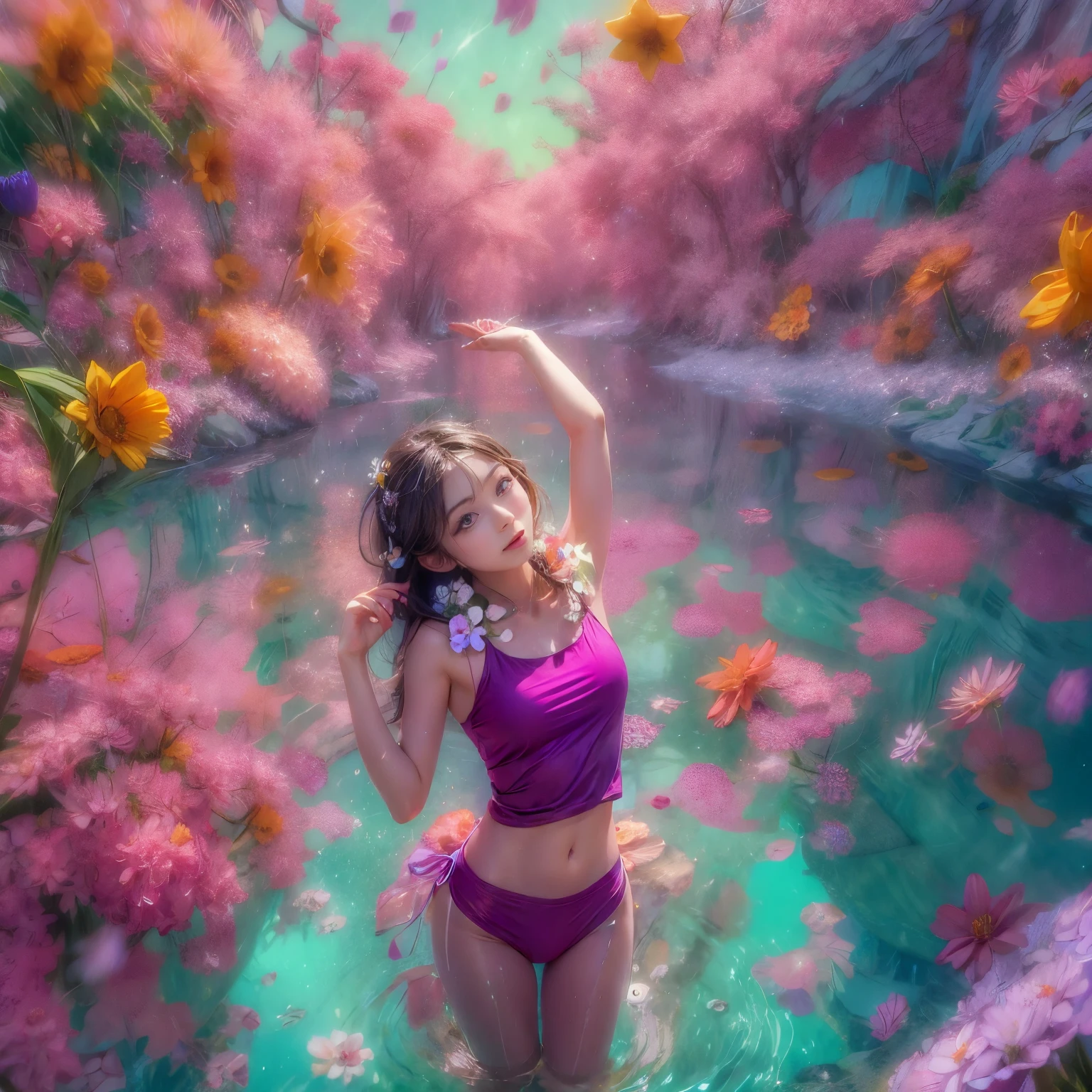Crimson in Pearly RainbowColors,ExtremelyDetailed(ProfessionalPhoto of Girl Floating in the Sky:1.37)ZoomLayer{Stunning|Mystic|GodRays|Haze|MotionBlur}, 280th floor infinity pool,The tallest building in the urban forest, {Around bonsai|Luo Han Song|coconut palms|tulips|Rose flower}, (Masterpiece 8K TopQuality:1.2), (ExtremelyDetailed NOGIZAKA face and Eyes:1.37)ElaboratePupils with (SparklingHighlights:1.28) DoubleEyelids with Voluminous LongEyelashes RosyCheeks (Joyful Expressions LifeLike Rendering) BREAK Detailed impeccable Radiant PearlSkin with Transparency, Skinny(SchoolSwimwear) {(HiddenHand)|((Corrected BabyLikeHand))} (Whole Body Proportions and all limbs are Anatomically Accurate), (FlowerWreath WrappedBody Flowers Covering girl's body Full of Flowers){Dazzling RainbowColorHorizon|ColorfulSky|ColorfulClouds|Starly Stars}(extra limbs:-1.4)(Not Detailed Face:-1.4)