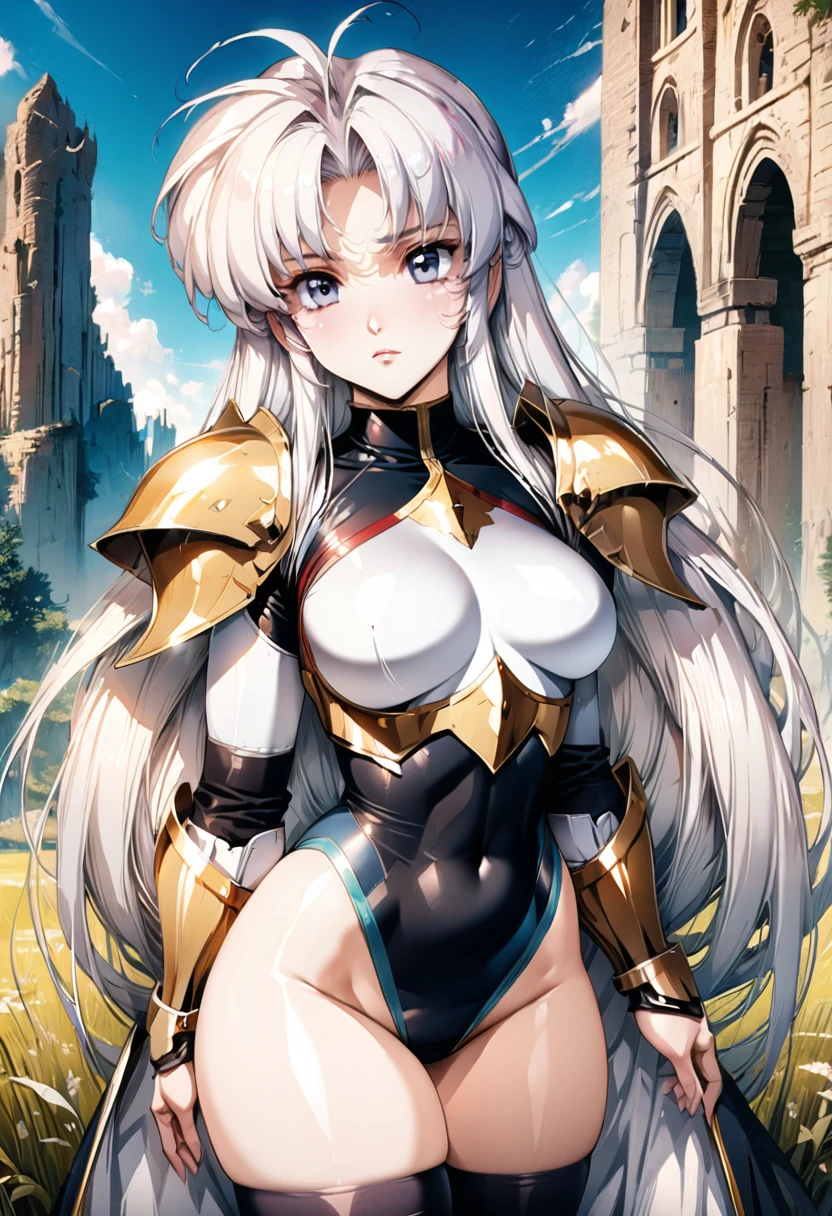 ((highest quality)), ((masterpiece)), ((hyperrealistic)), (detailed background), anime style, solo, 1girl, ((langrisser)), ((curvy: 1.2)), kawaii, ((Lamé rash guard leotard)), ((knight dress)), white long hair, ahoge, forehead, parted bangs, (long coat), ((large breasts)), ((breastplate)), (zettai ryouiki black knee socks), ((gauntlet)), (big butt), (thighs), (groin), beautiful eyes, perfect face, Perfect hands, perfect fingers, Blue sky and grassland,