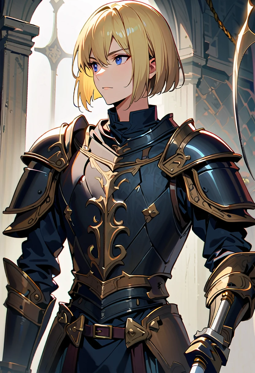 19-year-old MALE, dark blue eyes, blond long bob cut haircut, thin frame, 170 cm tall, medieval makeshift armor, long two-handed sword, warrior, focused, elegant, intricate engravings
