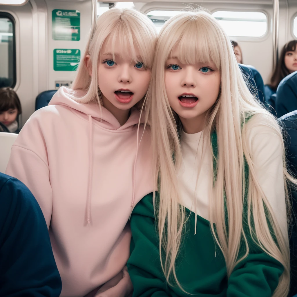 Pale blonde  girl bangs long soft silky hair, blue-green eyes, taking a photo showing his tongue alone on the New York subway with a white sweatshirt and light pink pants and good quality