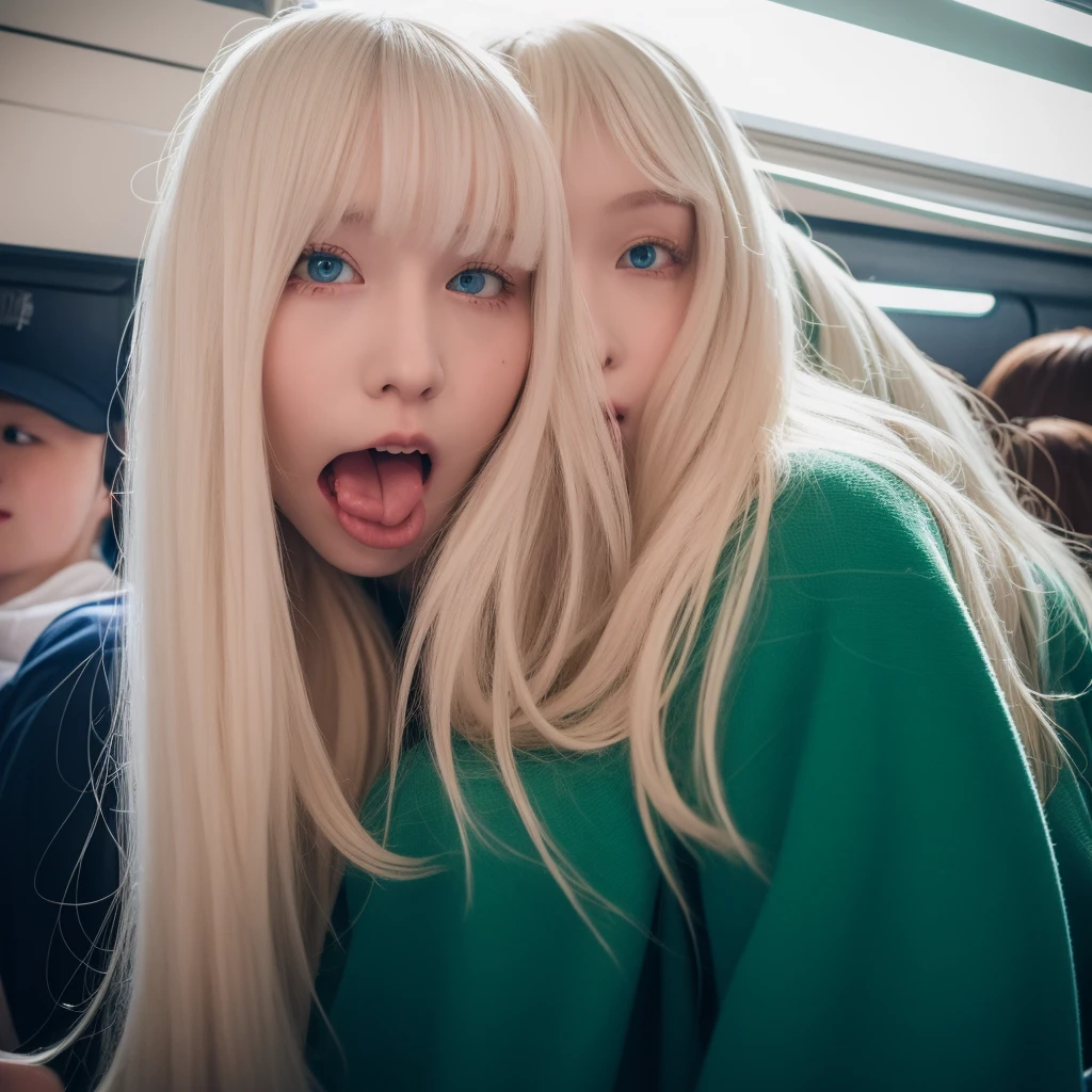 Pale blonde teen girl bangs long soft silky hair, blue-green eyes, taking a photo showing his tongue alone on the New York subway with a white sweatshirt and light pink pants and good quality
