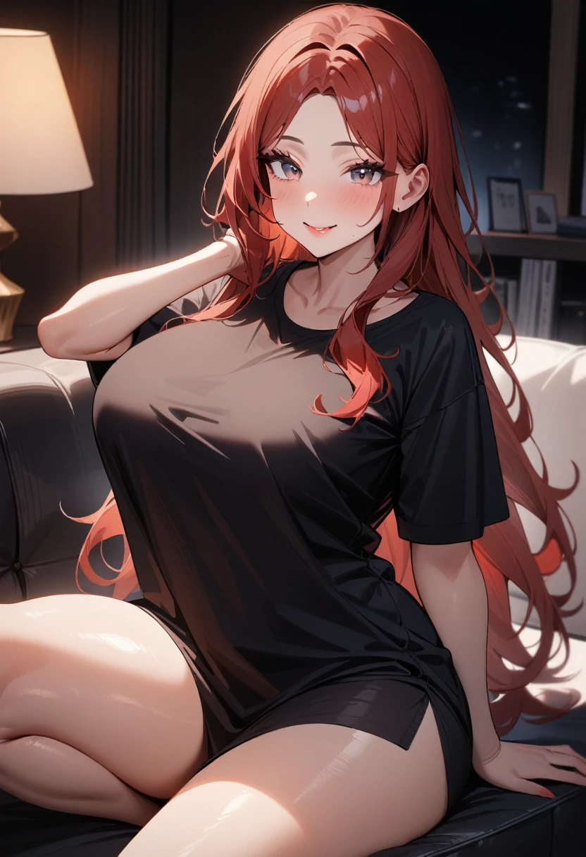 1girl,solo,super detailed skin,shiny skin,natural smile, ,eyelashes,lips gloss,red hair,long hair,parted bangs ,large breasts ,oversized t-shirt,half pant,nigh living room ,masterpiece,best quality,ultra detailed,high resolution,sharp focus