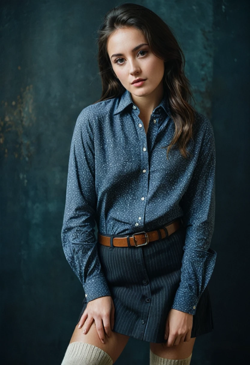 a young brunette woman, , elite, well-dressed, exhibiting a grainy texture, film grain, gritty, raw aesthetic, form-fitting shirt, stylish, knee-high socks, upscale, traditional, Alluring, captivating, enchanting, charming,