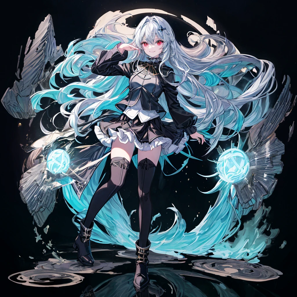 [(white background:1.4)::5],original,(illustration:1.1),(best quality),(masterpiece:1.1),(extremely detailed CG unity 8k wallpaper:1.1), (colorful:0.9),(mid shot:0.95),(full body:1.5),Dynamic angle,(solo:1.2), (girl),(((adult))), (detailed beautiful eyes:1.15), (beautiful face:1.15), (glowing black eyes:1.25////),(blue long hair),(+perfect hand+:1.21),(Draw an illustration of a holy knight wizard),(Religious),(slender),(is wearing boots on her feet),((is wearing black thighhighs)),smile,(frilled mini skirt with metal decorations),beautiful slender adult,