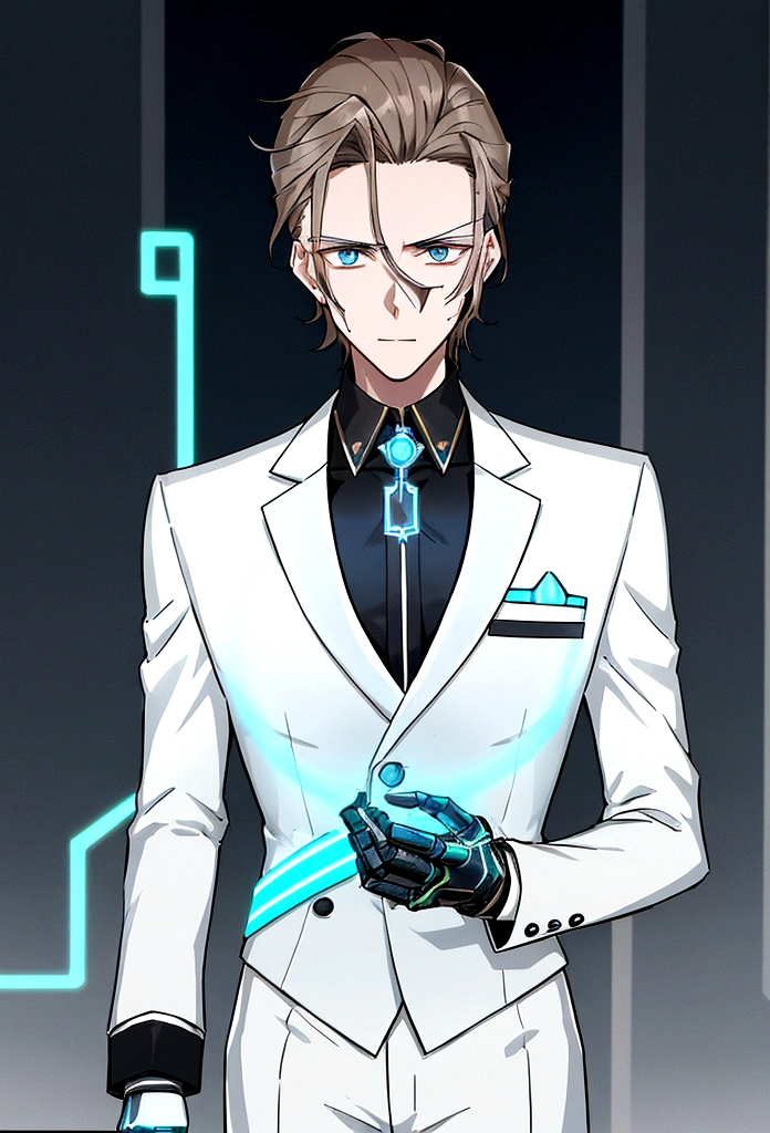 (masculine) (23 years) (a tall, slender young man with a muscular and toned body, His hair is light brown and is messy, covering his forehead., His eyes are blue and his skin is light-skinned..) (robotic body, fitted white suit with neon light blue details) (laboratory background, It is in an open capsule where it just comes out)