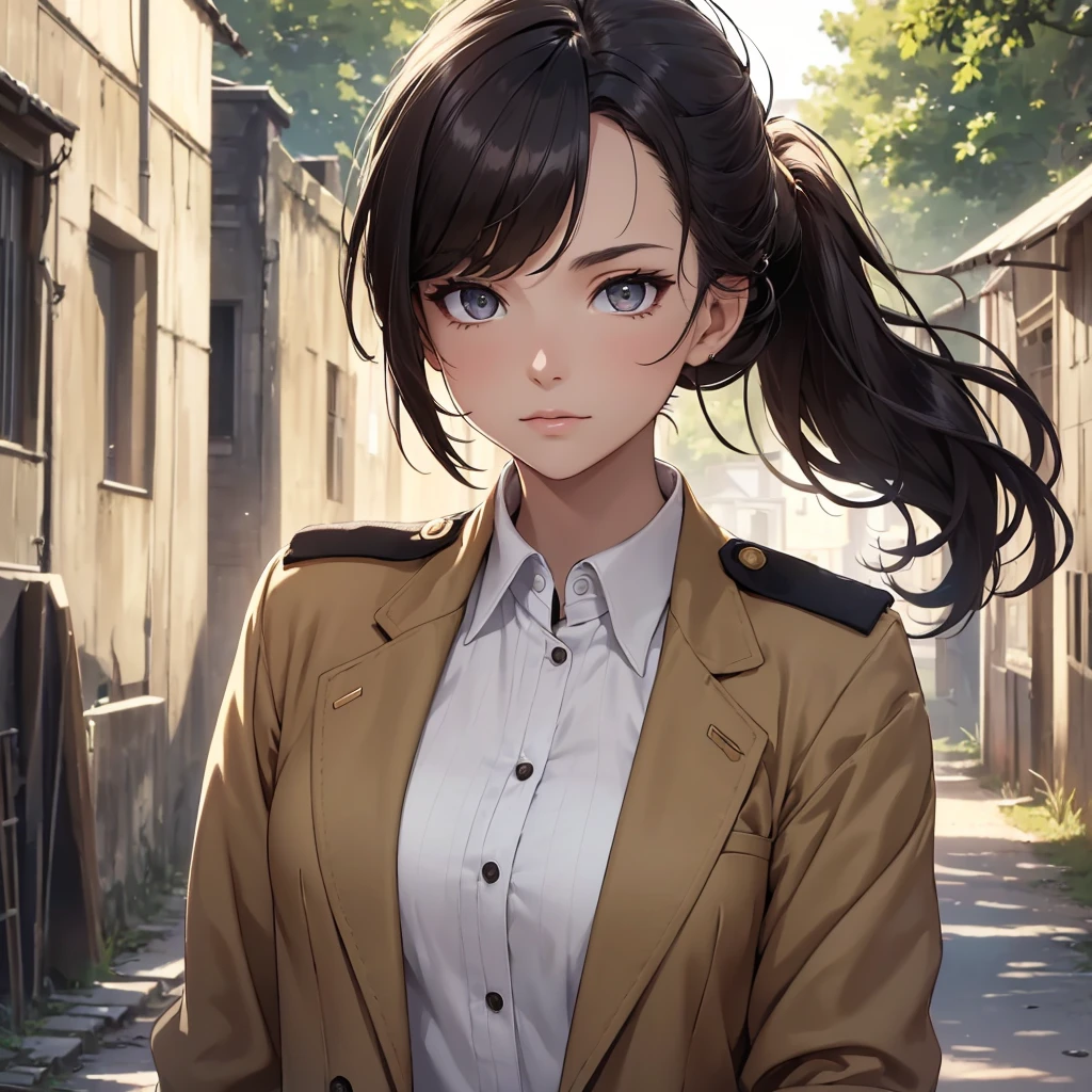 (8K, Best Quality, Masterpiece, Ultra High Resolution) 1Woman, Beautiful Eyes, Face Details, Dark Hair, Hair Ponytail, Hazel Eyes, Pale Skin, Tan Colored Military Uniform, Tan Jacket, White Fitted Shirt, Outside, Military Camp, Countryside, Best Quality, Upper Body, Looking at the Viewer, Facing Viewer, Close Up
