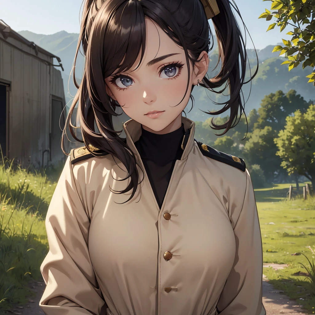 (8K, Best Quality, Masterpiece, Ultra High Resolution) 1Woman, Beautiful Eyes, Face Details, Dark Hair, Hair Ponytail, Hazel Eyes, Pale Skin, Tan Colored Military Uniform, Tan Jacket, White Fitted Shirt, Outside, Military Camp, Countryside, Best Quality, Upper Body, Looking at the Viewer, Facing Viewer, Close Up