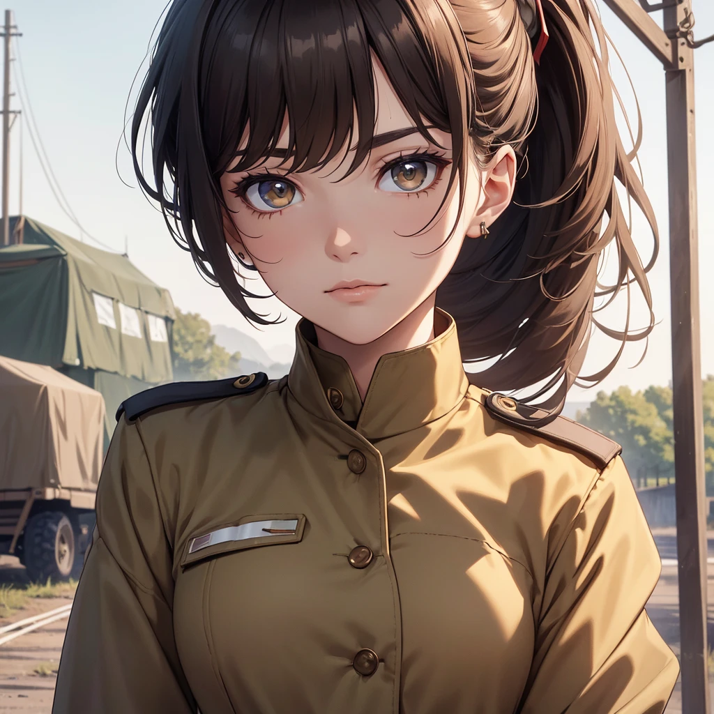 (8K, Best Quality, Masterpiece, Ultra High Resolution) 1Woman, Beautiful Eyes, Face Details, Dark Hair, Hair Ponytail, Hazel Eyes, Pale Skin, Tan Colored Military Uniform, Tan Jacket, White Fitted Shirt, Outside, Military Camp, Countryside, Best Quality, Upper Body, Looking at the Viewer, Facing Viewer, Close Up