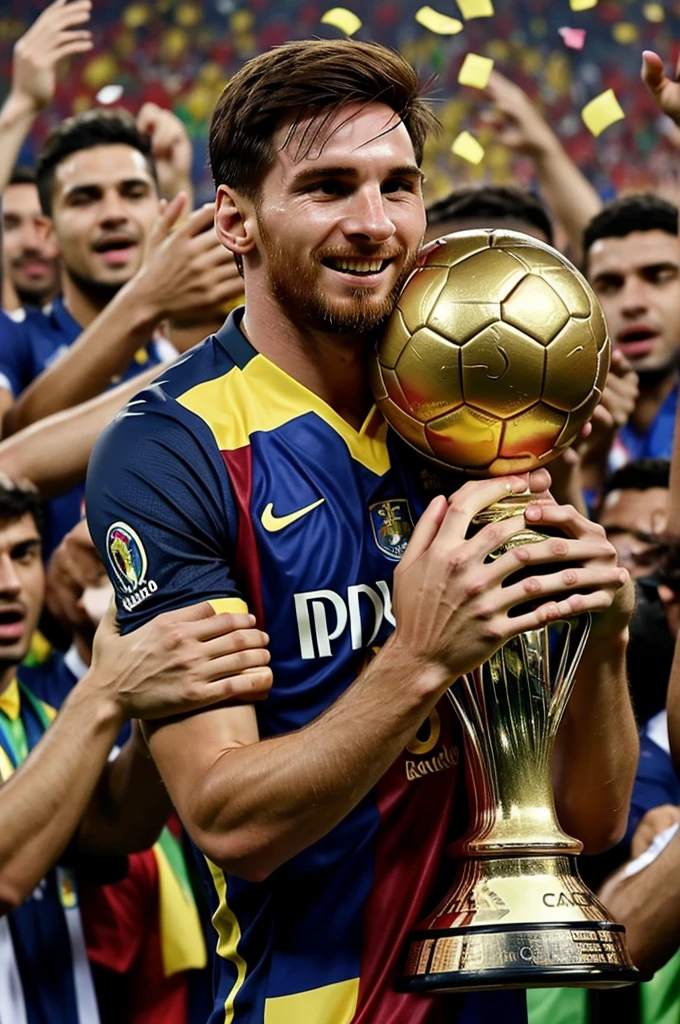 "Create an image depicting a celebratory scene in Brazil after winning the Copa América. In the foreground, include a diverse group of Brazilian players jubilantly celebrating, surrounded by cheering fans and confetti. In the background, subtly integrate a poignant moment of Leo Messi visibly emotional, shedding tears of disappointment. Additionally, ensure Vinicius Junior prominently features, holding his Ballon d'Or trophy with pride, positioned to convey a sense of achievement and future promise. The composition should blend these elements seamlessly, capturing both the euphoria of victory and the emotional contrast of a rival's heartfelt loss."