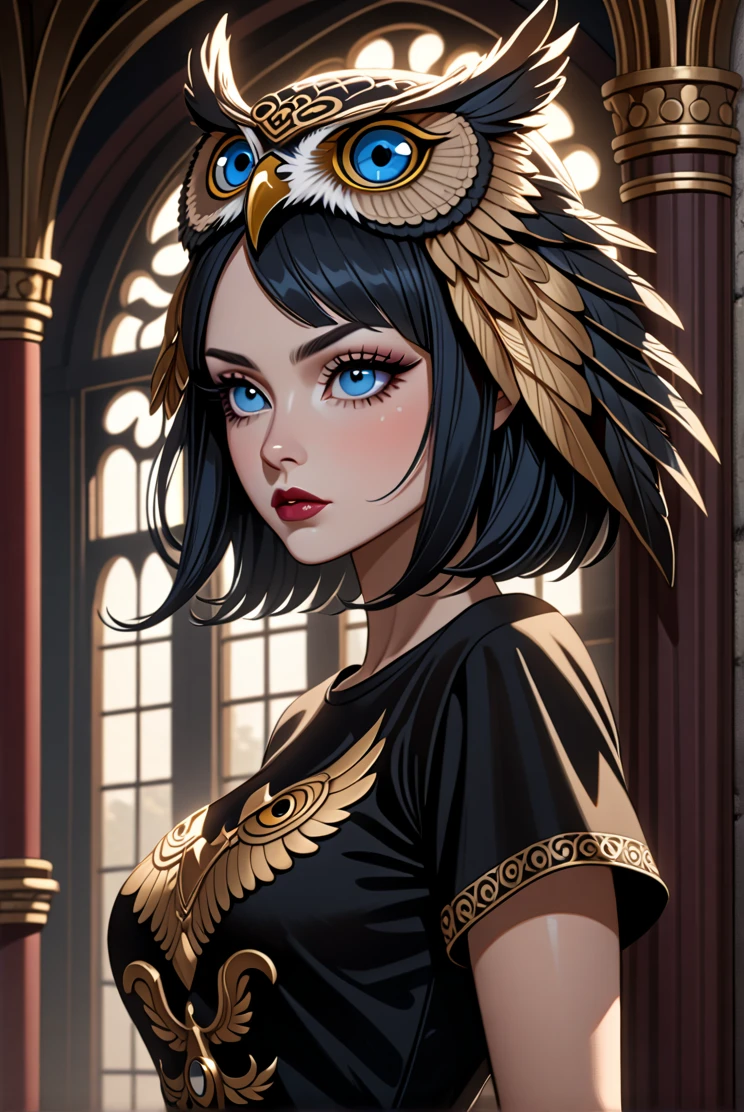 3/4 view, Woman Madara Naruto + Arlequina sexy big ass wearing an (owl headdress), looking away, [Surrealism | Pop Surrealism | Lowbrow Art], [Photography | Digital Painting], in the style of [Brian Viveros | Mark Ryden | Audrey Kawasaki], [rich colors | intricate details], inspired by [Film Noir | Gothic Sensual decote tshirt Short gold black  sexy decote melancholic woman with intense blue eyes, wearing a detailed and realistic owl headdress, dramatic shadows, intricate feather textures, high contrast, mysterious atmosphere, fine detailing, soft focus, 8k, trending on ArtStation. by Satori Canton🧸