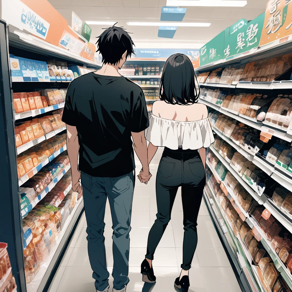 Couple convenience store 、The woman has straight black hair, and is wearing a white off-the-shoulder blouse.、The man has wearing a black T-shirt, whole body