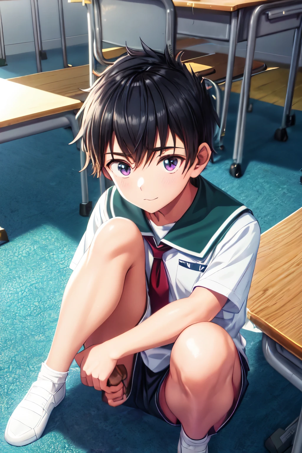 Close-up photo of a male student, uniform dress, sentado na mesa da class room, detaileds, class room, holding your hard penis, with shorts down around the knees

