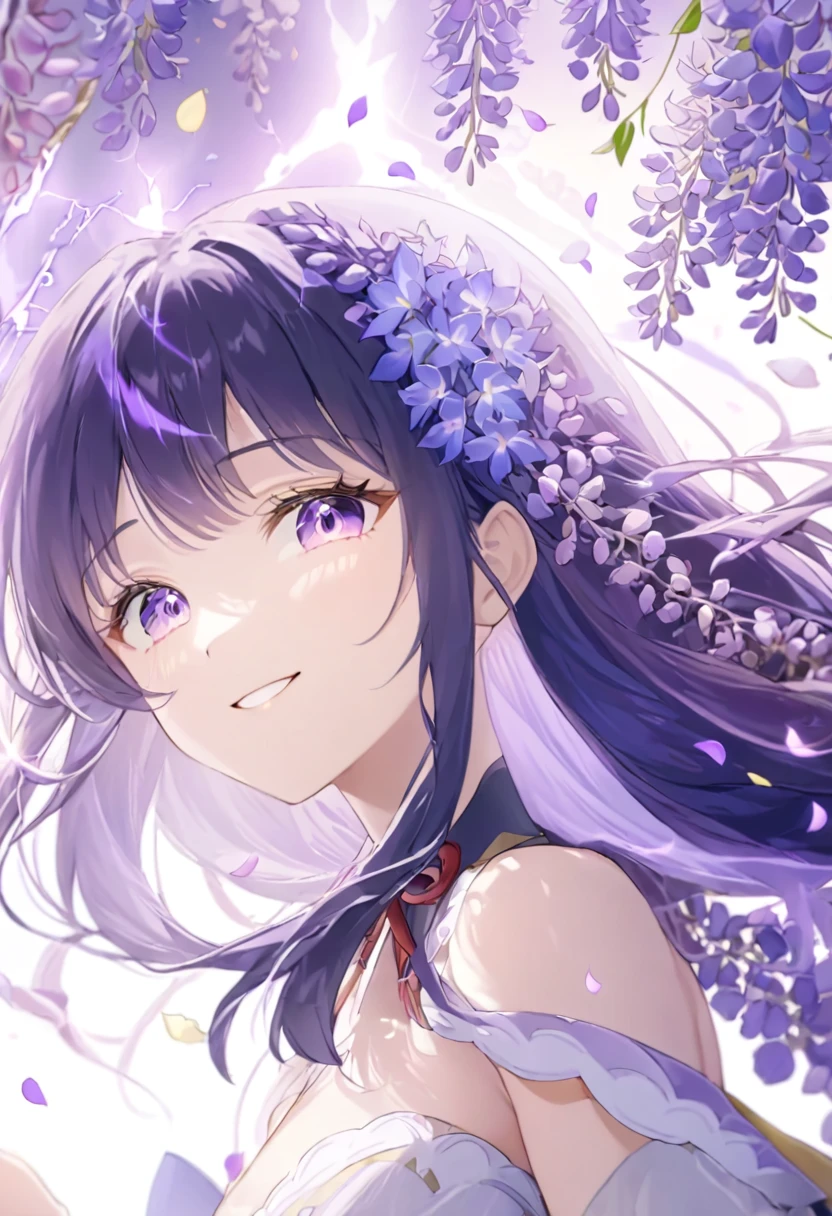 Super detailed,(Highest quality),((masterpiece)),(High resolution),original,Highly detailed 8k wallpaper,(Very delicate and beautiful),Highest_hand,anime,    (\Raiden Shogun\),Beautiful pupils,White background,Purple lightning and wisteria petals dancing,smile