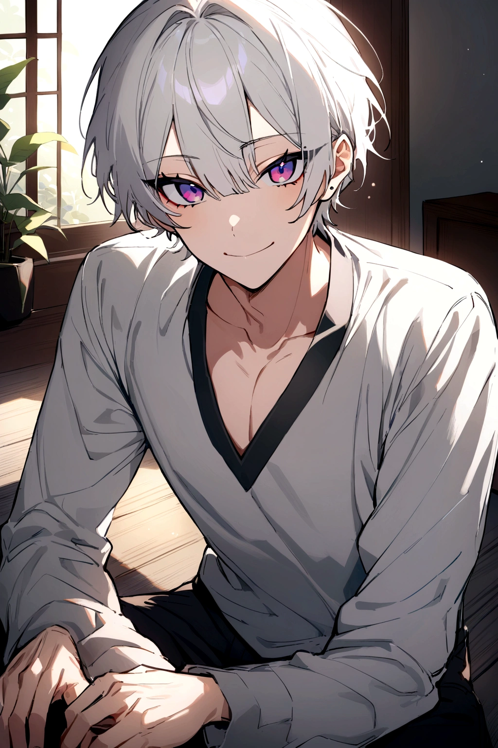 ((best quality)), ((masterpiece)), (detailed), perfect face. White hair. Anime man.Short hair. Asian man. Ulzzang. Smile. V neck.