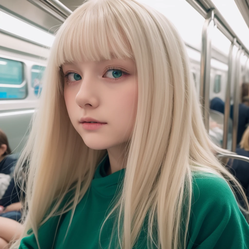 Pale blonde girl bangs long soft silky hair, blue-green eyes, taking a close-up photo alone on the New York subway with a white sweatshirt and light pink pants and good quality