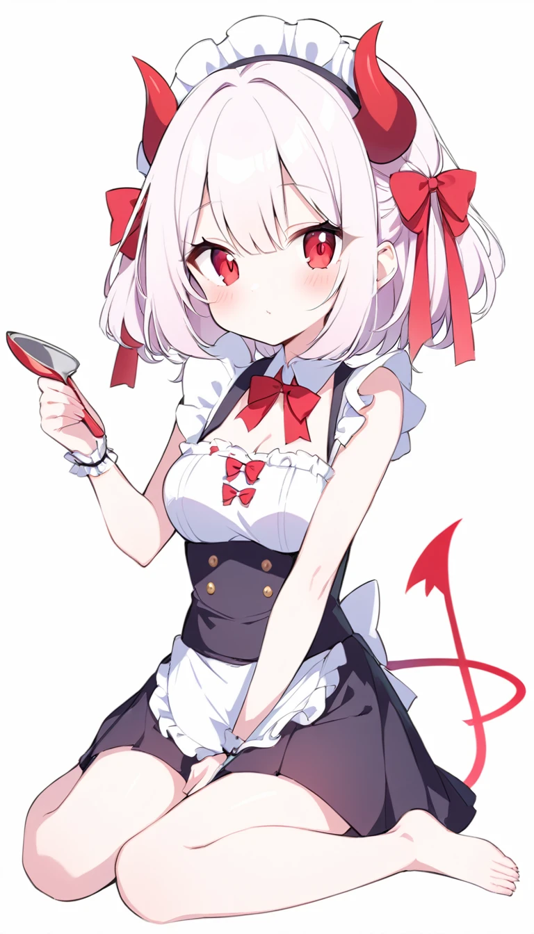  girl, devil girl, little red horns, white hair, short fluffy hair, big red eyes, pale skin, rosy cheeks, medium breasts, red cheeks, maid outfit. white background, full body