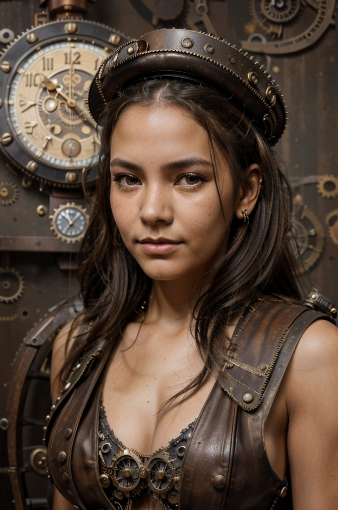 Columbian old girl, half body view, (front to camera), detailed european face, (aspiring facial expression), (((steampunk style close))), ((steampunk city on the background)), RAW, analog style, ultra detailed photograph, cinematic lighting, artstation, 4k, sharp focus, high resolution, detailed skin, detailed eyes,