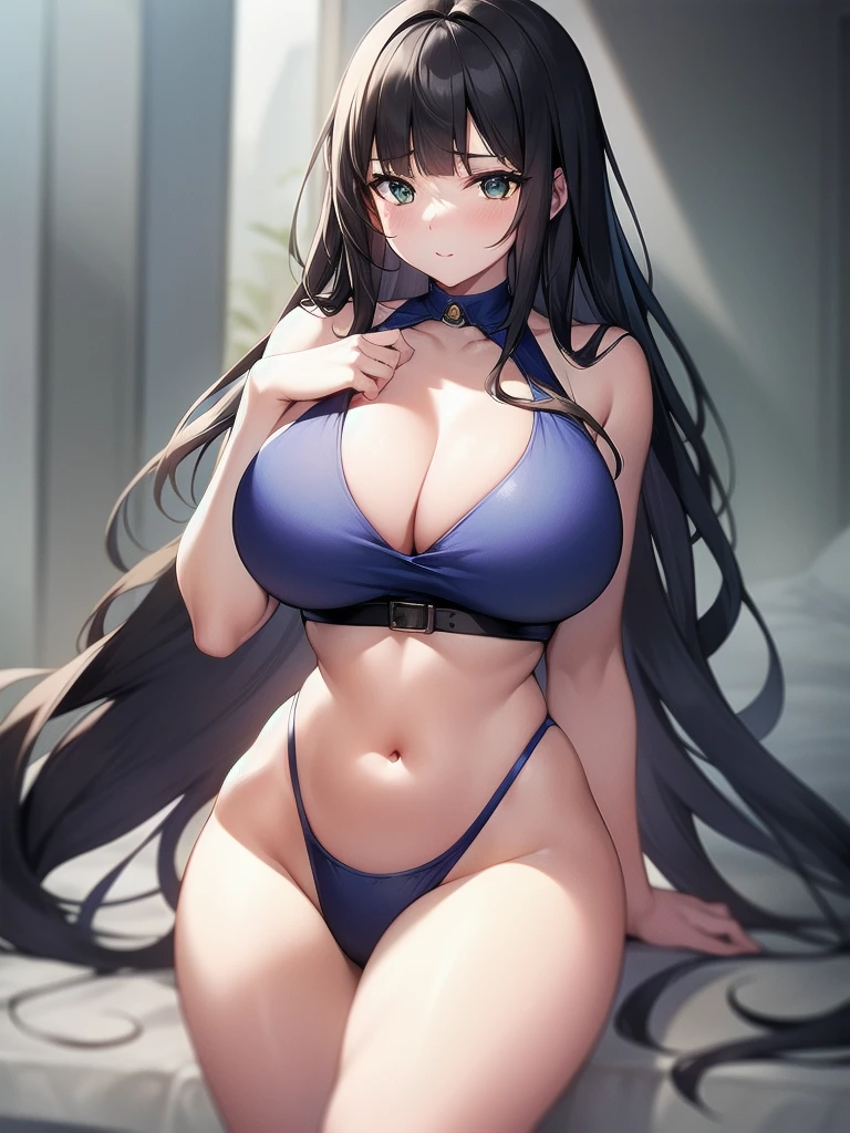 green  hair, bluebrown eyes, very long hair, blunt bangs, sidelocks, lady  big breast, wide hips, big thighs, , curvy hips, curvy, blue shirt , cleavage.indoors