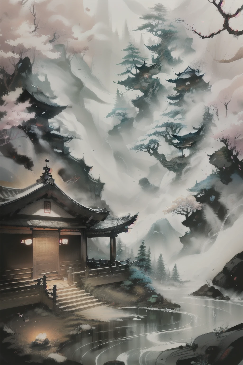 Chinese martial arts style, with vast sky, in the forest, mountain side, cliffs, ink wash style, outline light, atmospheric atmosphere, depth of field, mist rising, bamboo, pine trees, cherry blossoms, spring, stone pavilions, Chinese temples, waterfalls, ink