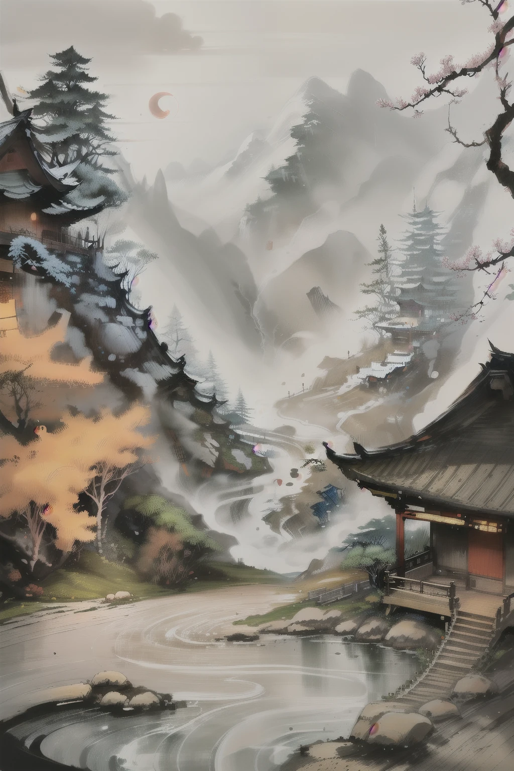 Chinese martial arts style, with vast sky, in the forest, mountain side, cliffs, ink wash style, outline light, atmospheric atmosphere, depth of field, mist rising, bamboo, pine trees, cherry blossoms, spring, stone pavilions, Chinese temples, waterfalls, ink
