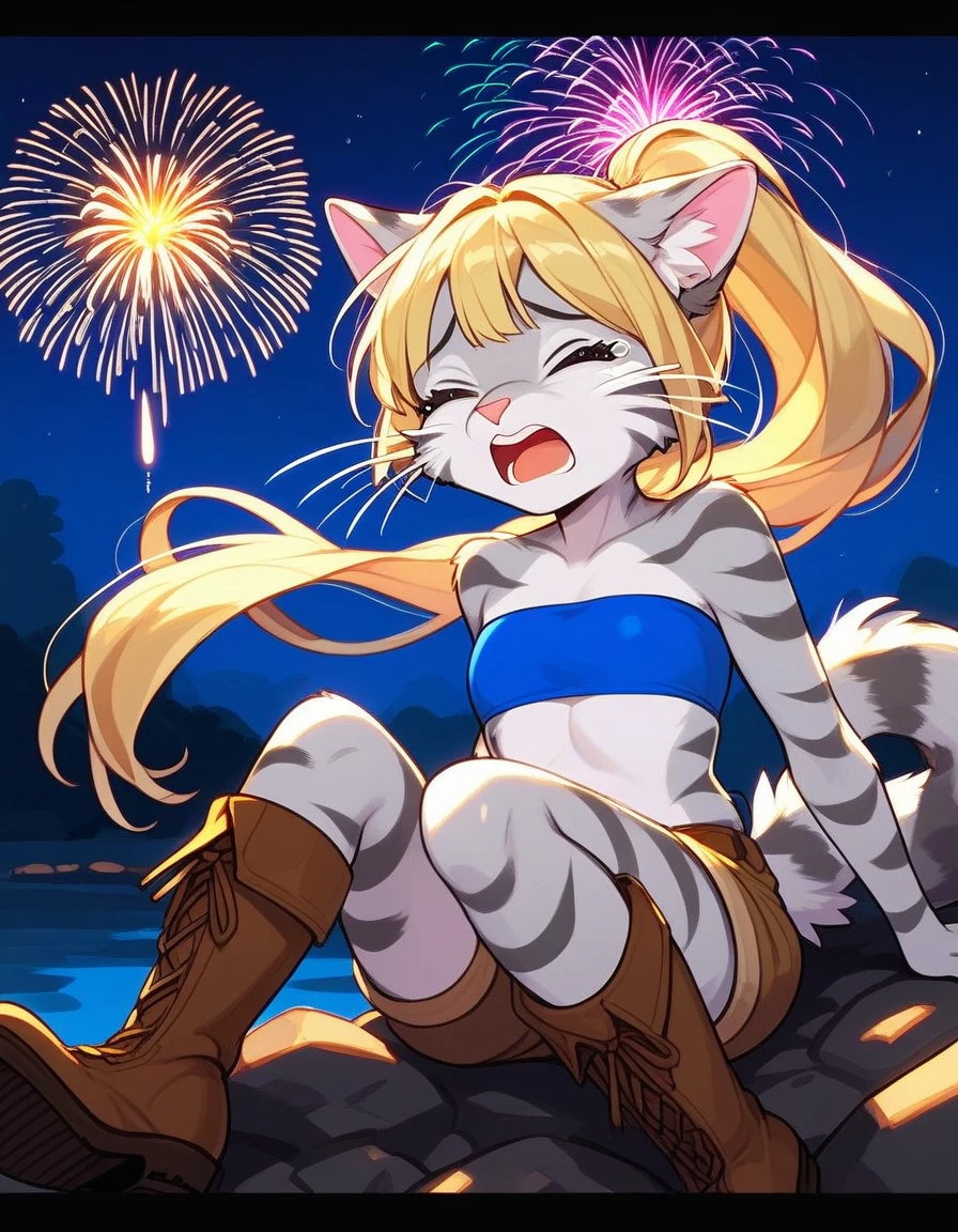 Solo, score_9,score_8_up,score_7_up, source_furry, kat, Anthro furry feline, blonde hair, (ponytail hair), pink nose, :3, white whiskers, silver fur, grey stripes, furry body, wearing blue bandeau, brown short shorts, brown boots, on her knees, hands on her head, cowering, scared, hiding behind a rock, outdoors at night, fireworks in the background, screaming, tearing up, closed eyes