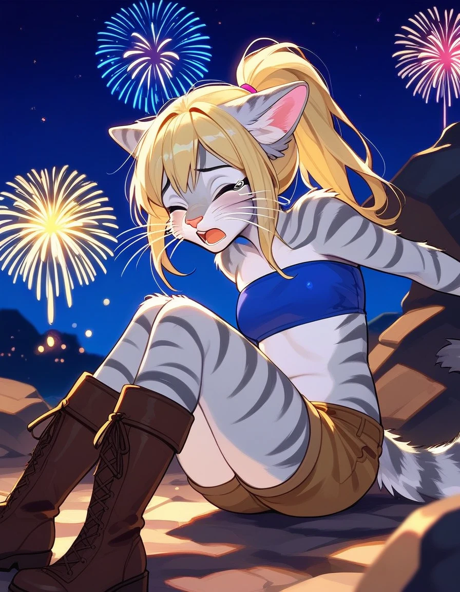 Solo, score_9,score_8_up,score_7_up, source_furry, kat, Anthro furry feline, blonde hair, (ponytail hair), pink nose, :3, white whiskers, silver fur, grey stripes, furry body, wearing blue bandeau, brown short shorts, brown boots, on her knees, hands on her head, cowering, scared, hiding behind a rock, outdoors at night, fireworks in the background, screaming, tearing up, closed eyes