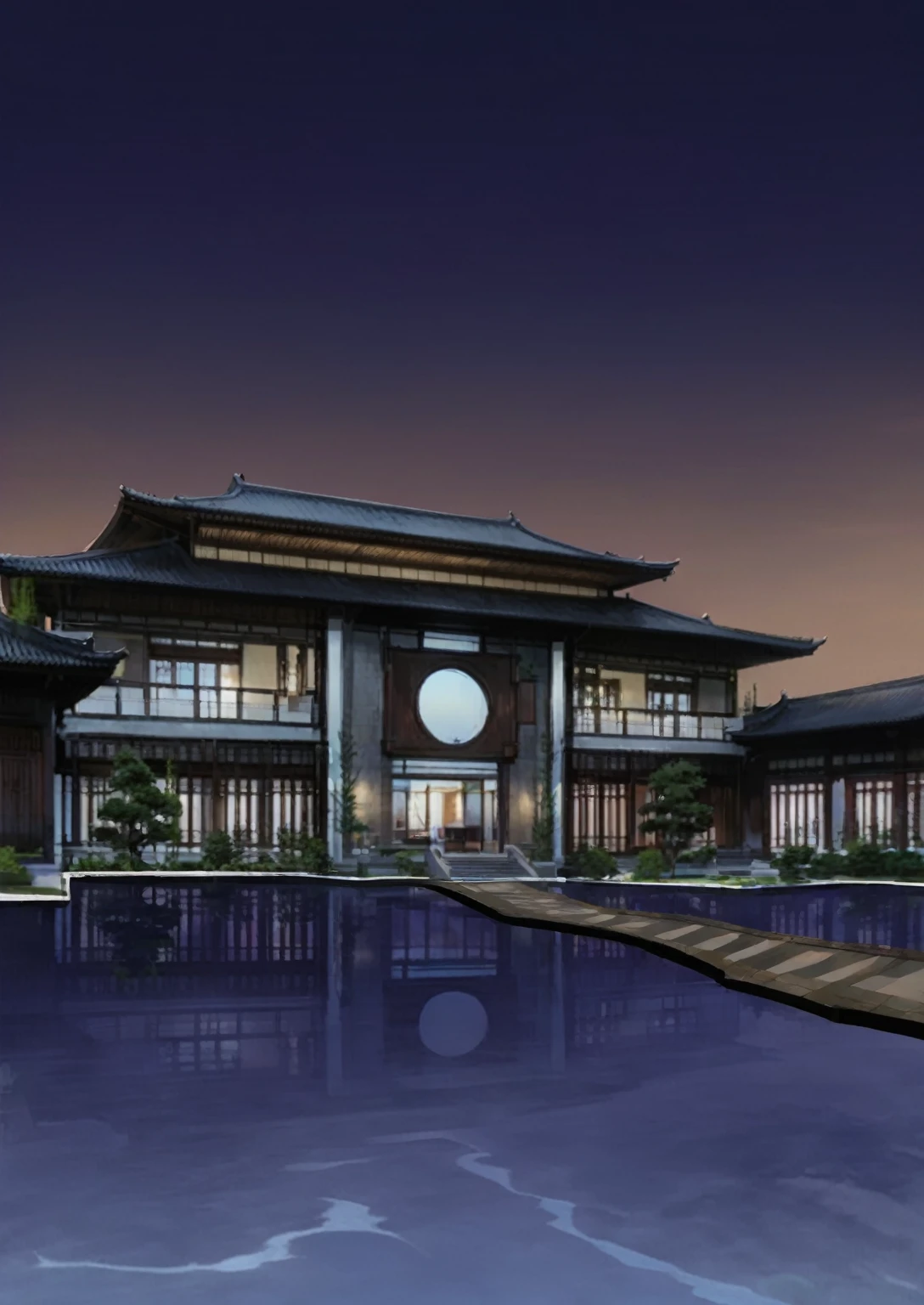 A Chinese-style courtyard house，There is a lake below the mansion.。The reflection of the mansion in the water，The sky is turning towards dusk