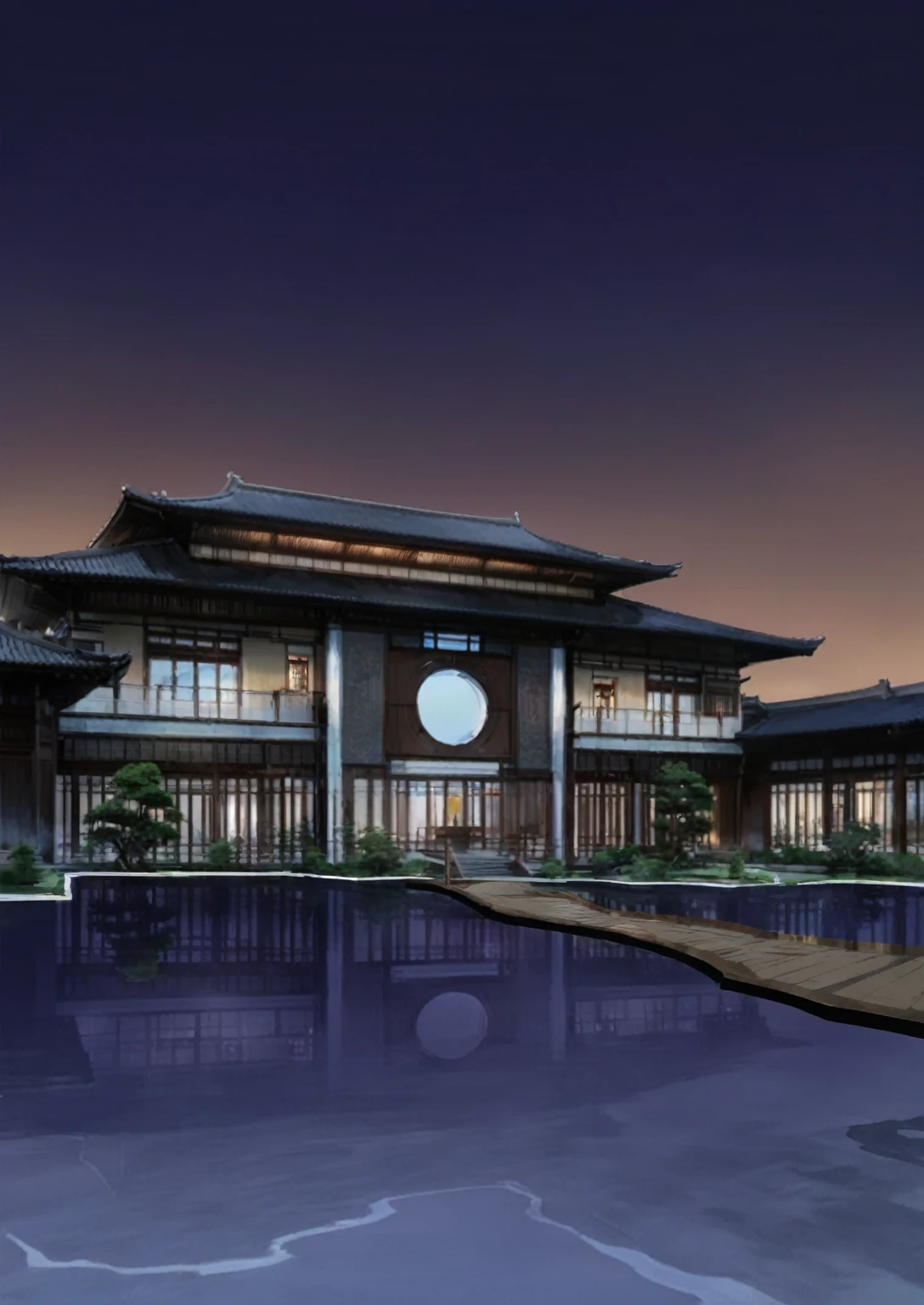 A Chinese-style courtyard house，There is a lake below the mansion.。The reflection of the mansion in the water，The sky is turning towards dusk