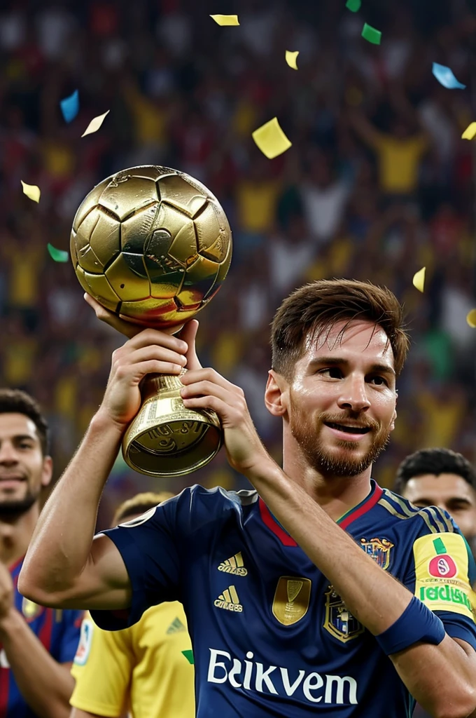 "Create an image depicting a celebratory scene in Brazil after winning the Copa América. In the foreground, include a diverse group of Brazilian players jubilantly celebrating, surrounded by cheering fans and confetti. In the background, subtly integrate a poignant moment of Leo Messi visibly emotional, shedding tears of disappointment. Additionally, ensure Vinicius Junior prominently features, holding his Ballon d'Or trophy with pride, positioned to convey a sense of achievement and future promise. The composition should blend these elements seamlessly, capturing both the euphoria of victory and the emotional contrast of a rival's heartfelt loss."