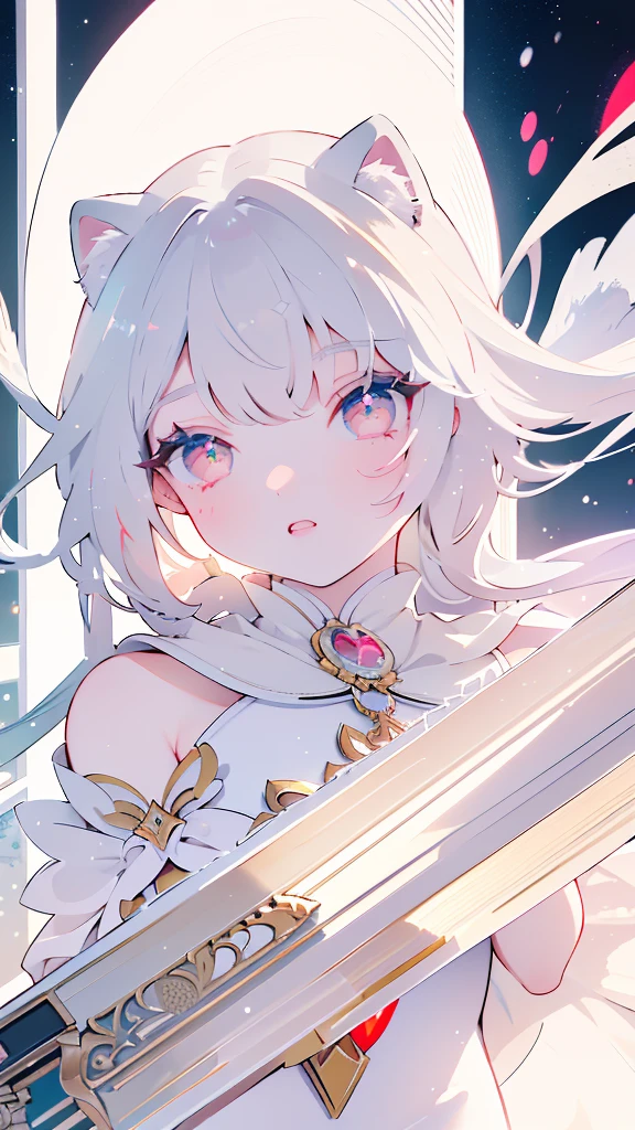 Tsundere 18 year old girl, beautiful and delicate eyes, beautiful lips, Highly detailed eyes and face, long eyelashes, 1 girl, white cat ears, long foot bag, Front view, red eyes, (top quality, 4K, 8K, high resolution, masterpiece:1.2), ultra detail, (realistic, realistic, realistic, realistic: 1.37), big bust, scythe, elegance, fantasy, soft lighting, white background, holding a weapon, swimsuit, I can see my armpits,