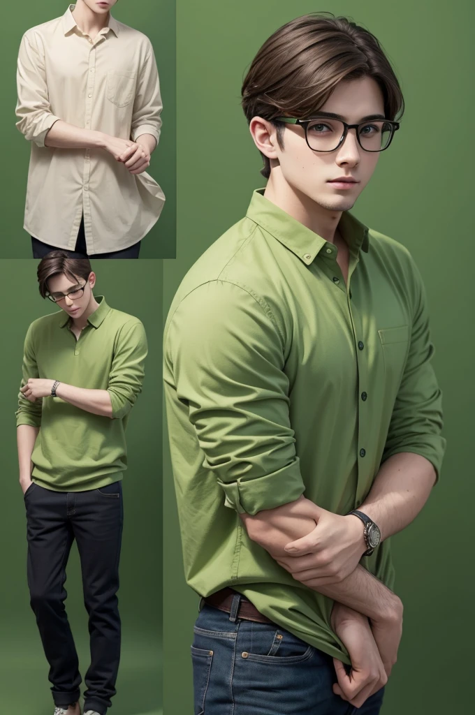 Brunette boy with glasses on green background