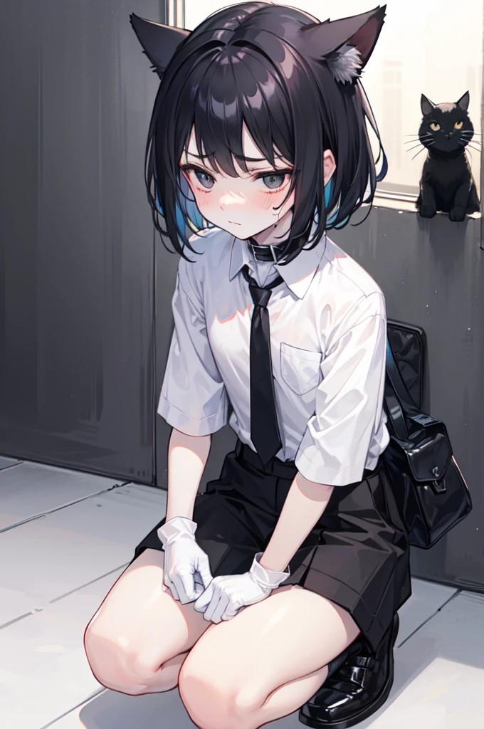 A 18-year-old boy, white and tender skin, cute, wearing white short-sleeved shirt, black jacket and black work tie, black trousers, black booties, white gloves, collar, black hair,wear cat ears, black eyes, thin waist, thin legs, handsome, disdainful and indifferent expression, shy, blush a lot, afraid, sweating, tired, pornography, Pornographic action，kneel down