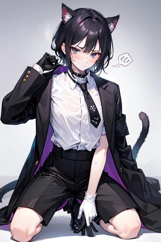 A 18-year-old boy, white and tender skin, cute, wearing white short-sleeved shirt, black jacket and black work tie, black trousers, black booties, white gloves, collar, black hair,wear cat ears, black eyes, thin waist, thin legs, handsome, disdainful and indifferent expression, shy, blush a lot, afraid, sweating, tired, pornography, Pornographic action,kneel down
