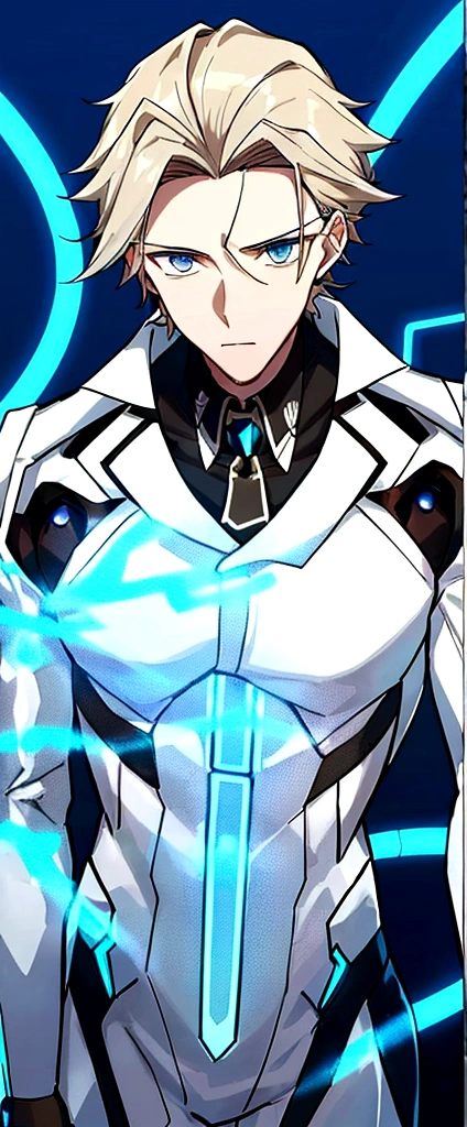 (masculine) (23 years) (a tall, slender young man with a muscular and toned body, His hair is light brown and is messy, covering his forehead., His eyes are blue and his skin is light-skinned..) (robotic body, fitted white suit with neon light blue details) (laboratory background, It is in an open capsule where it just comes out)