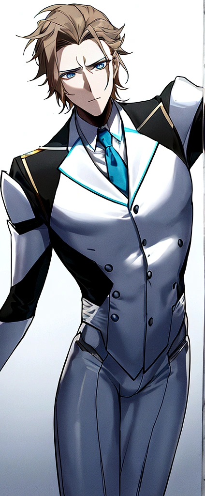 (masculine) (23 years) (a tall, slender young man with a muscular and toned body, His hair is light brown and is messy, covering his forehead., His eyes are blue and his skin is light-skinned..) (robotic body, fitted white suit with neon light blue details) (laboratory background, It is in an open capsule where it just comes out)