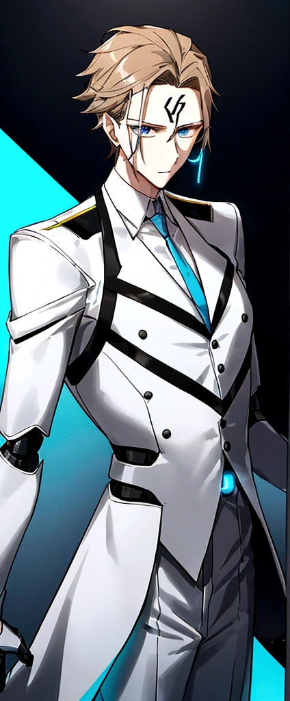 (masculine) (23 years) (a tall, slender young man with a muscular and toned body, His hair is light brown and is messy, covering his forehead., His eyes are blue and his skin is light-skinned..) (robotic body, fitted white suit with neon light blue details) (laboratory background, It is in an open capsule where it just comes out)